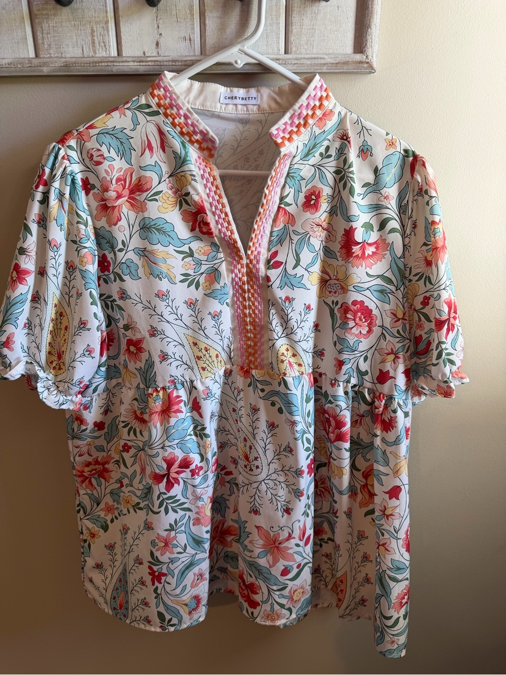 Floral Button-Down Blouse in Cream with Coral & Teal